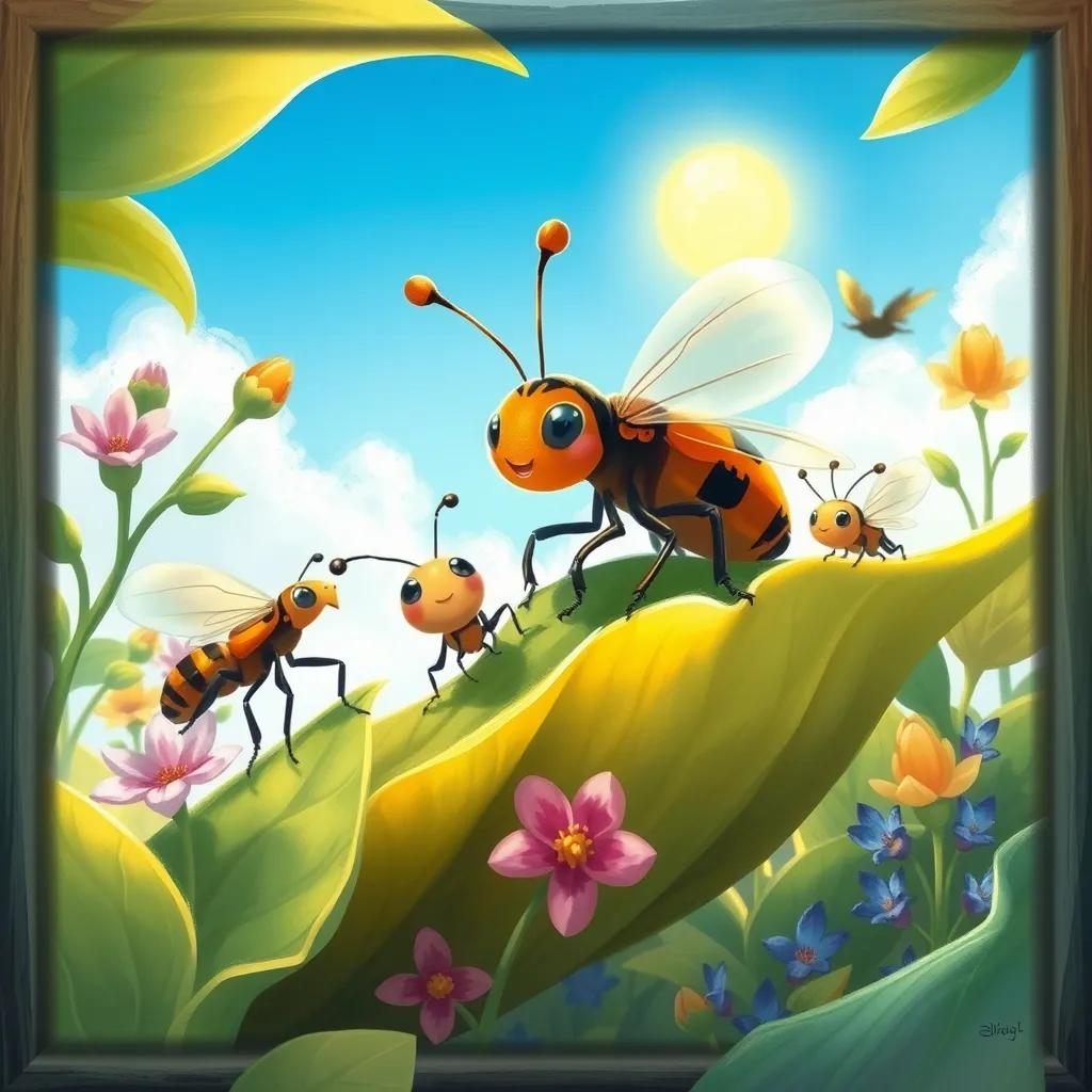 A little insect with friends, discovering beautiful leaves and aromatic plants, teamwork in action, sunny day with blue sky, rich details, uplifting scene, digital painting