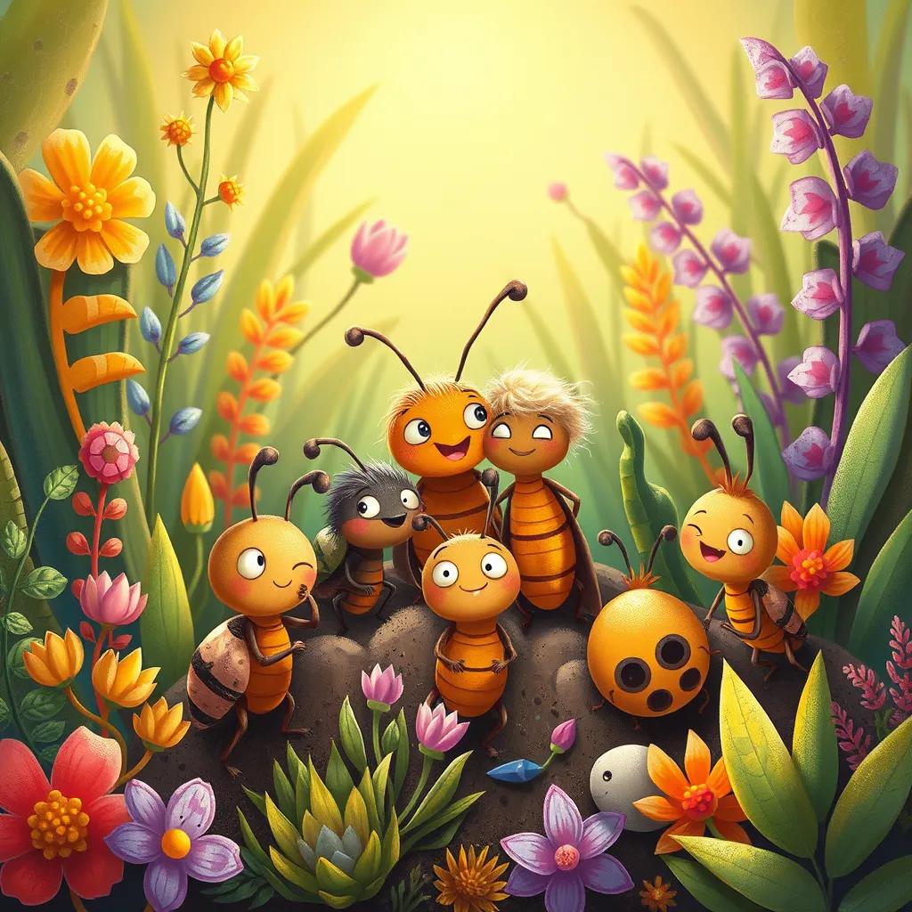 A group of small insects working together, each with unique ideas, surrounded by colorful plants, a sense of collaboration, warm light, bright and friendly colors, fun atmosphere, art