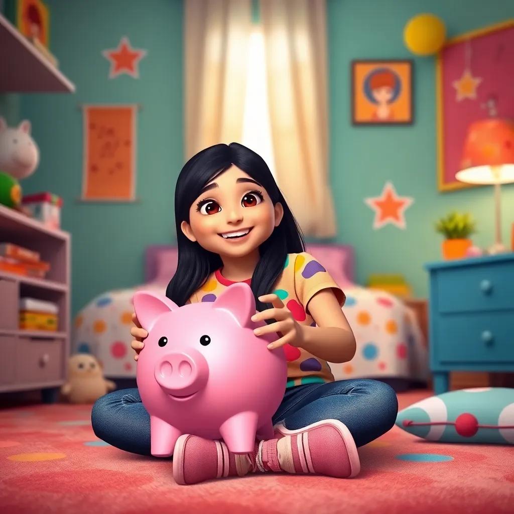 A young girl, Tala, with long black hair, wearing a colorful shirt and jeans, sitting on her bedroom floor excitedly holding her new piggy bank, colorful decor around, digital art, warm light, cheerful atmosphere, high quality