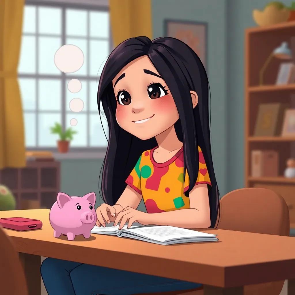 Tala, a young girl with long black hair, wearing a colorful shirt and jeans, happily thinking about her future purchases, sitting at a table with her piggy bank and notebook, cozy room, soft lighting, vibrant colors, cheerful mood, digital illustration, high quality
