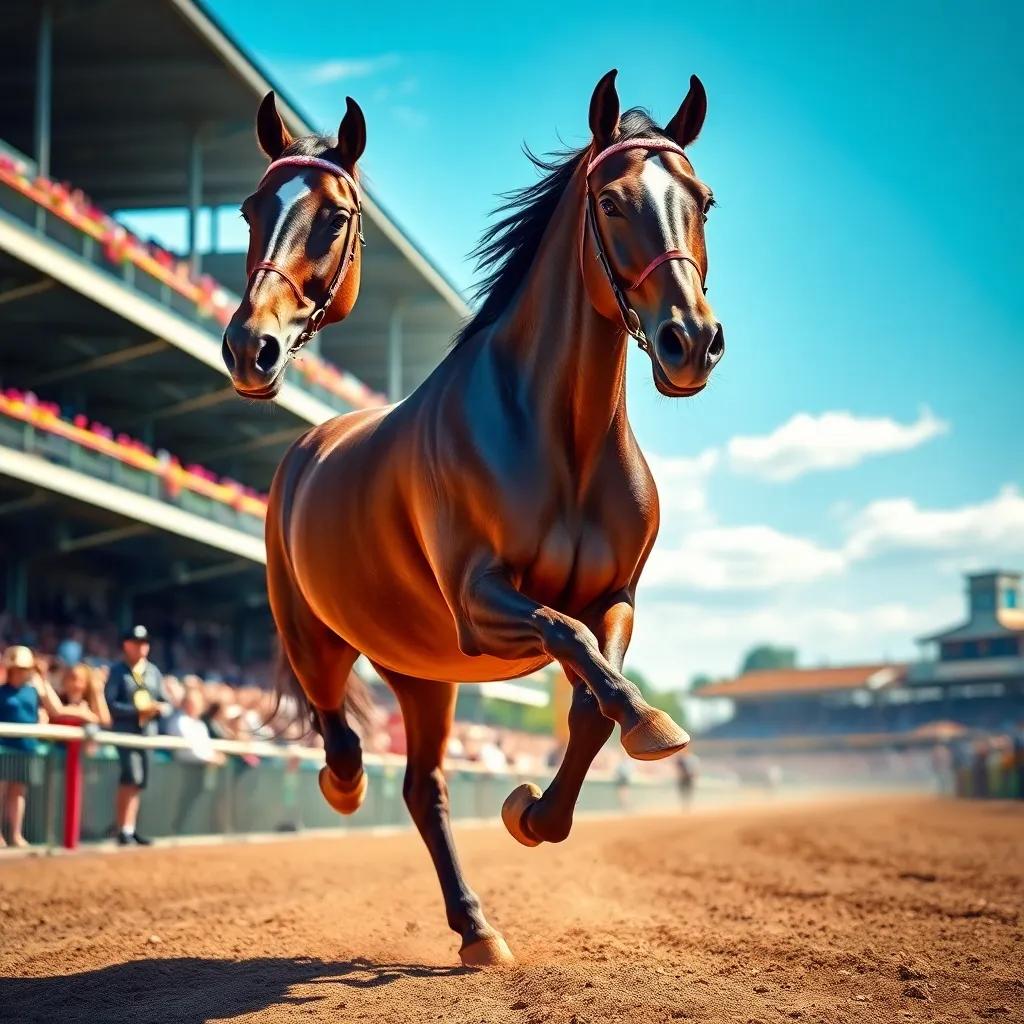A beautiful Thoroughbred horse, Shuaa, with a shiny coat and majestic build, galloping on a bright sunny day at the Kentucky Derby, digital art, vibrant colors, energetic atmosphere, high quality