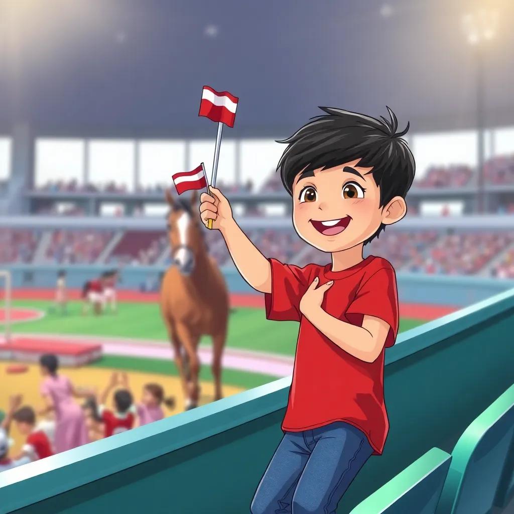 A joyful boy, Khalid, with short black hair, wearing a red shirt and blue jeans, cheering for his horse Shuaa in the stands while waving a tiny flag, illustration, bright and cheerful, child-friendly, vibrant colors
