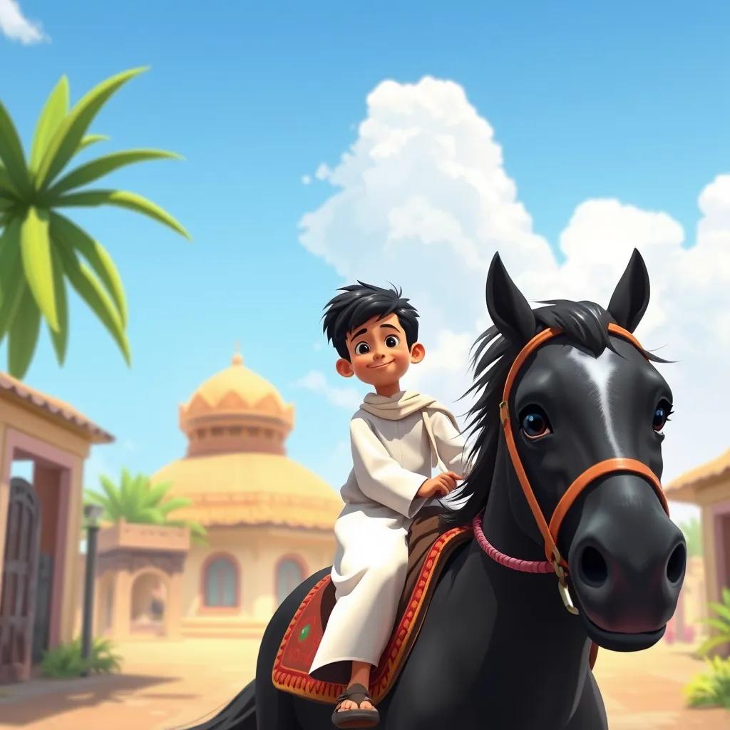 A young Arab boy, Khaled, with short black hair, wearing a traditional thobe, happily riding his strong black horse named 'Saeed' in a sunny village setting, digital art, vibrant colors, cheerful atmosphere, high quality