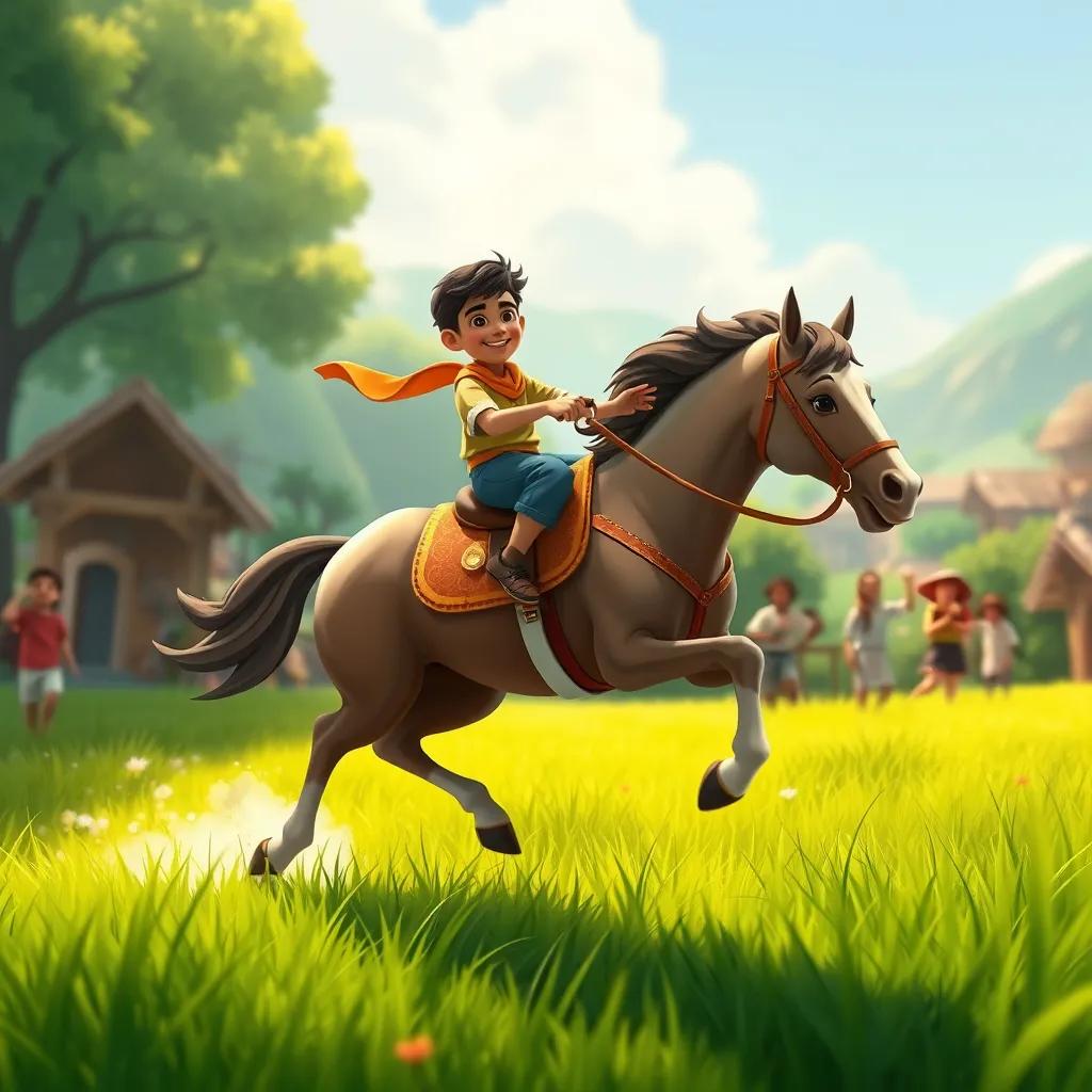 Khaled riding his horse 'Saeed', galloping through a lush green field, villagers in the background cheering them on, illustration, energetic, adventure-themed, child-friendly
