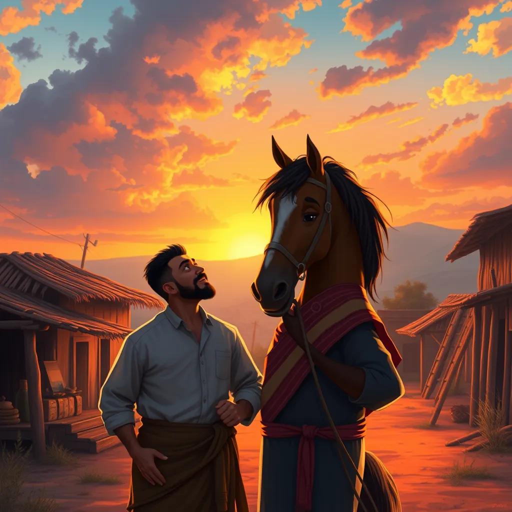 Khaled standing proudly next to his horse 'Saeed', both looking at a vibrant sunset in the village, highlighting their bond, digital painting, warm colors, heartwarming scene, realistic