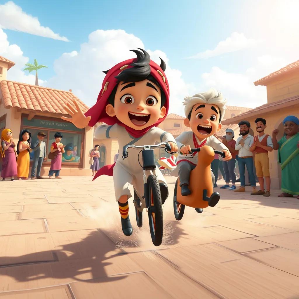 A dynamic image of Khaled and 'Saeed' racing in a village square during a sunny day, with onlookers cheering enthusiastically, lively atmosphere, illustration, joyful
