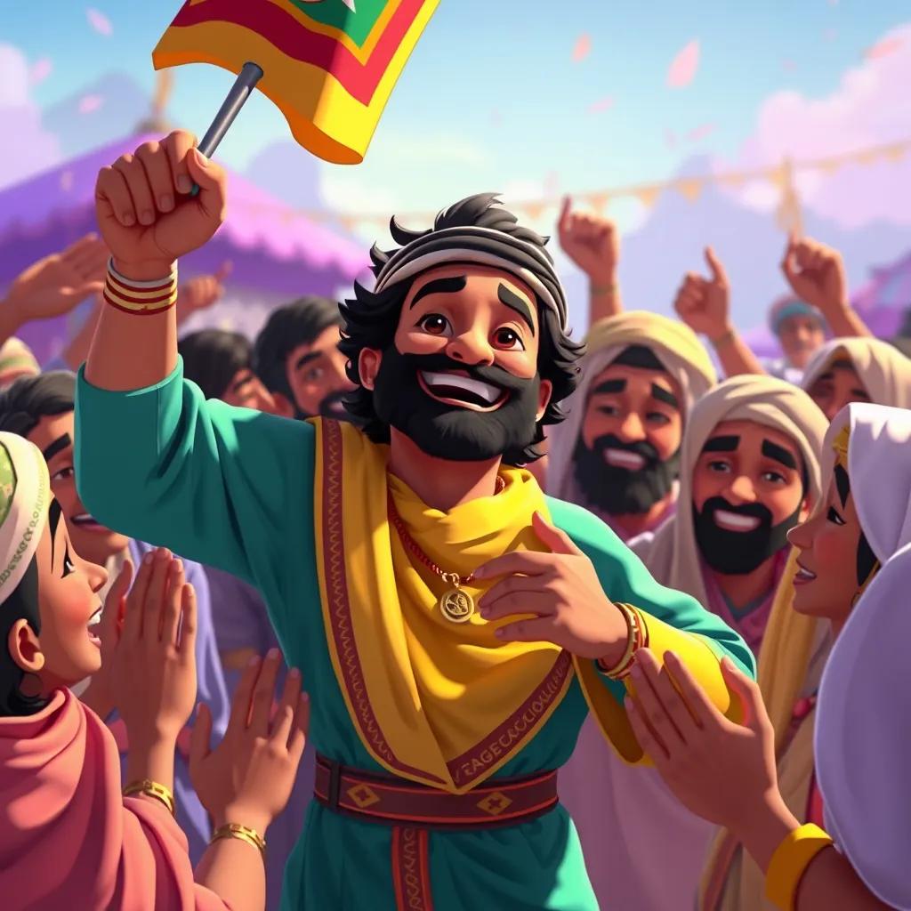 Khaled celebrating his victory with 'Saeed', surrounded by villagers congratulating them, vibrant scene of joy and friendship, colorful, uplifting