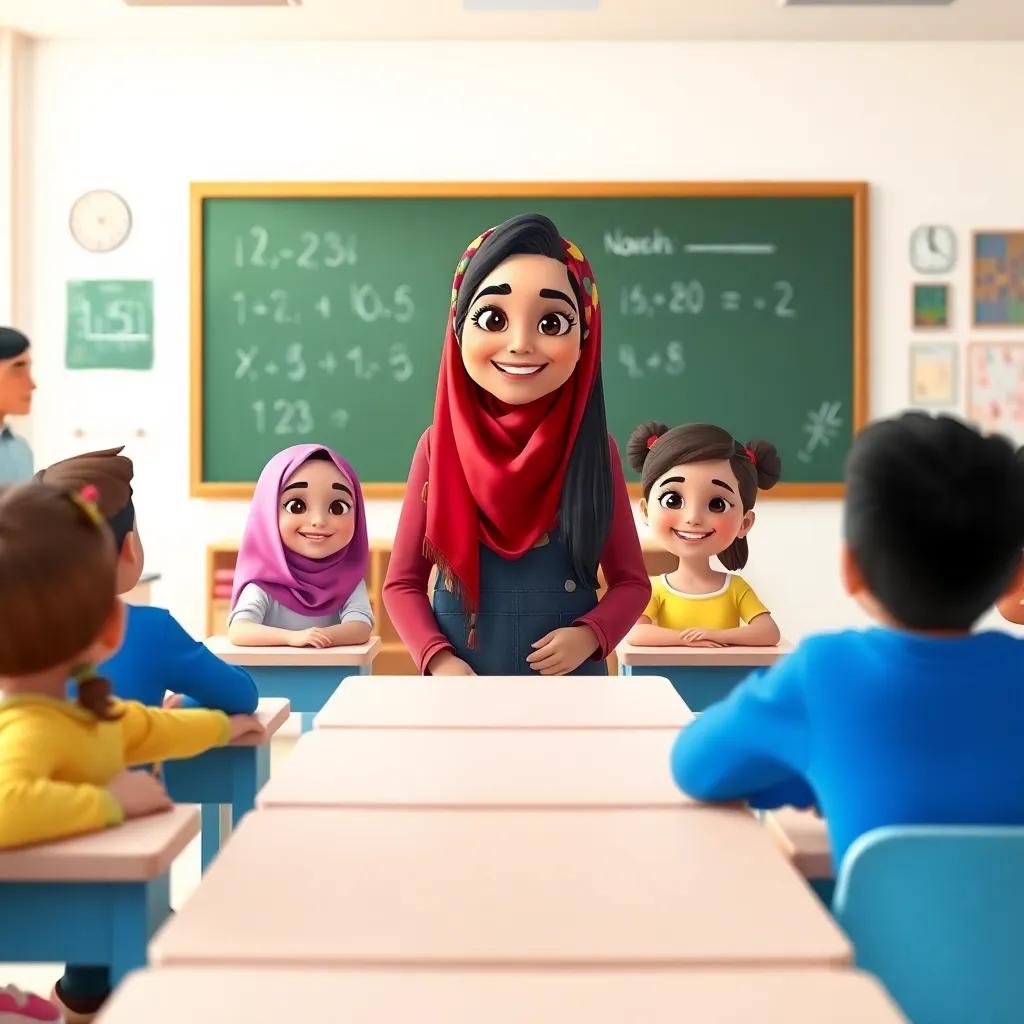 A joyful classroom scene with a smiling teacher, Nourah, an Arab woman with long dark hair wearing a colorful hijab, standing in front of a blackboard with math symbols, children of diverse backgrounds sitting at desks, digital art, bright colors, cheerful atmosphere, engaging perspective, high quality