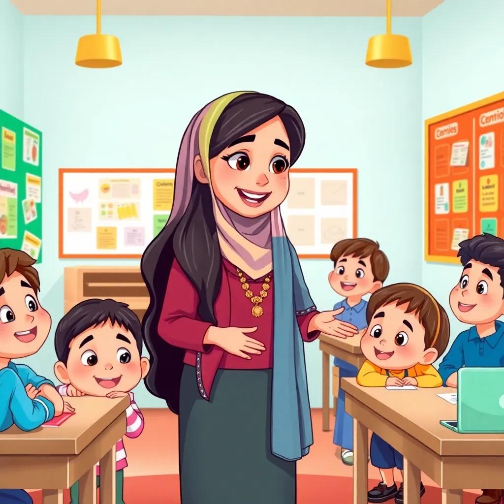 Nourah, an Arab teacher with long dark hair in a colorful hijab, guiding students in different colored teams to various learning centers in the classroom, with bright posters on the walls, excitement and curiosity on children's faces, illustration, vibrant, fun learning environment, child-friendly