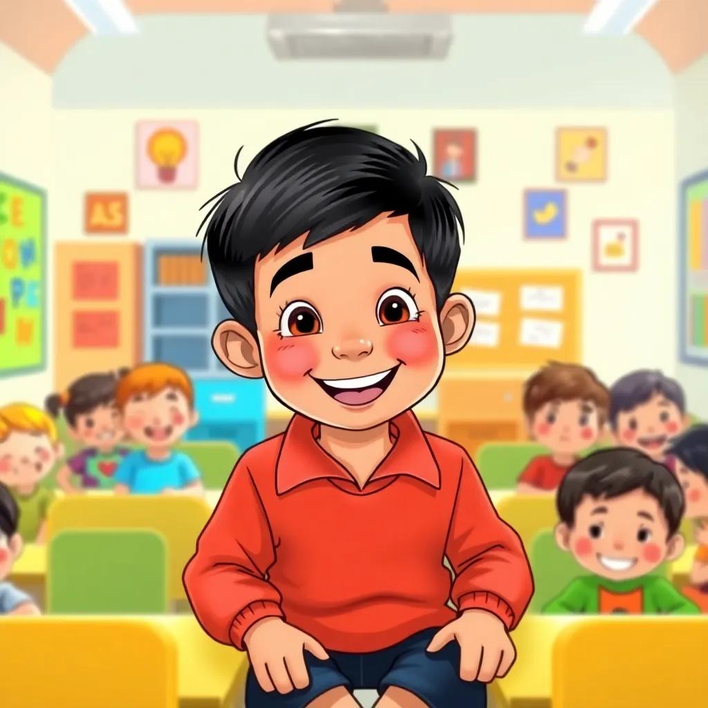 A small boy, Husain, with short black hair and a big smile, sitting in a colorful classroom surrounded by cheerful children, digital art, bright colors, inviting atmosphere, high quality