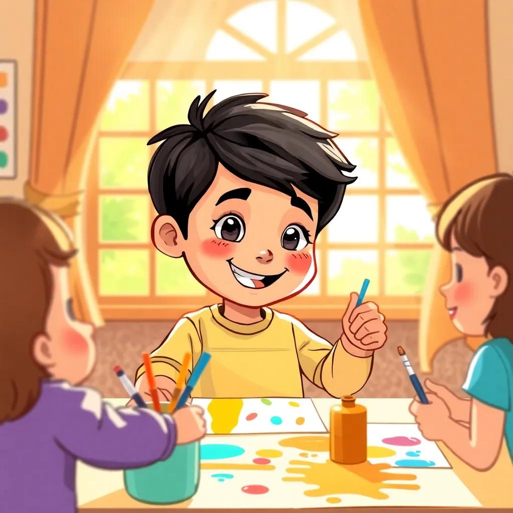 Husain, a small boy with short black hair and a big smile, guiding children as they paint colorful pictures, bright sunlight pouring in through the window, cheerful mood, illustration, vibrant colors, child-friendly