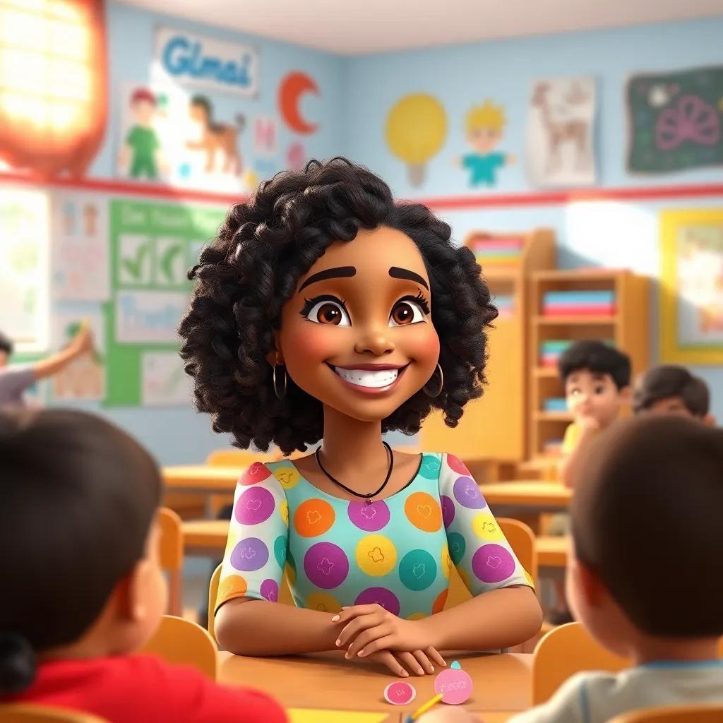 A cheerful young Arab woman, Mimi, with curly hair and wearing a colorful dress, sitting in a bright classroom filled with children's drawings, smiling at her students, digital art, vibrant colors, inviting atmosphere, high quality