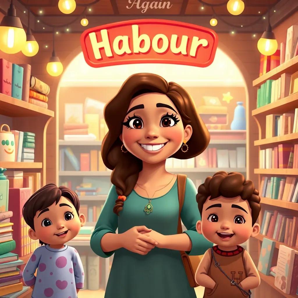 Mimi, a cheerful young Arab woman with curly hair, opening a magical store named 'Habour', filled with books and toys, children looking excited, colorful display, warm light, joyful atmosphere, high quality