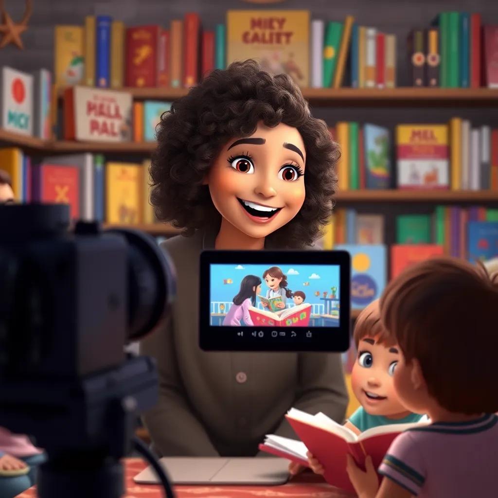 Mimi, a cheerful young Arab woman with curly hair, speaking into a camera for an online story program, with children attentively listening, background filled with colorful story books, cozy setting, vibrant colors, engaging atmosphere, high quality