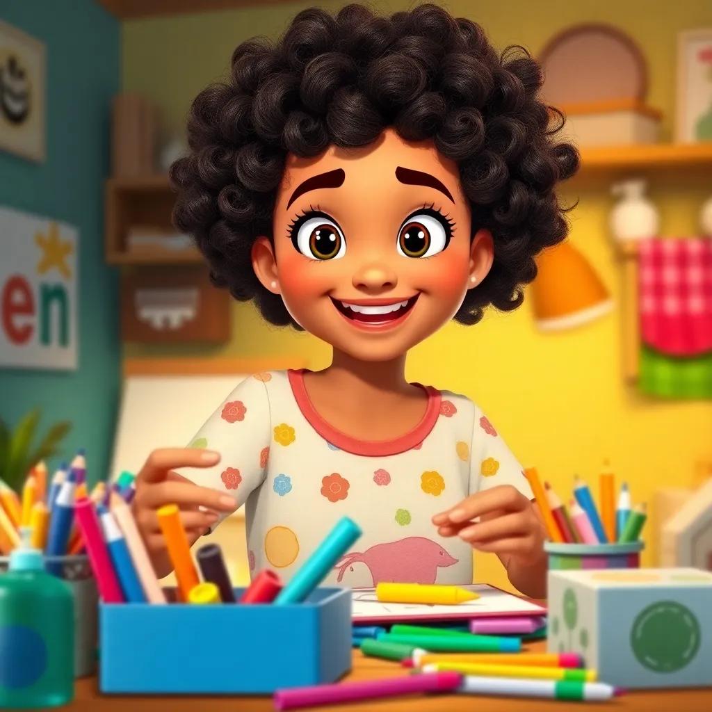 Mimi, a cheerful young Arab woman with curly hair, creating fun activity boxes for kids, surrounded by colorful art supplies, looking excited, cozy environment, bright colors, inviting atmosphere, high quality