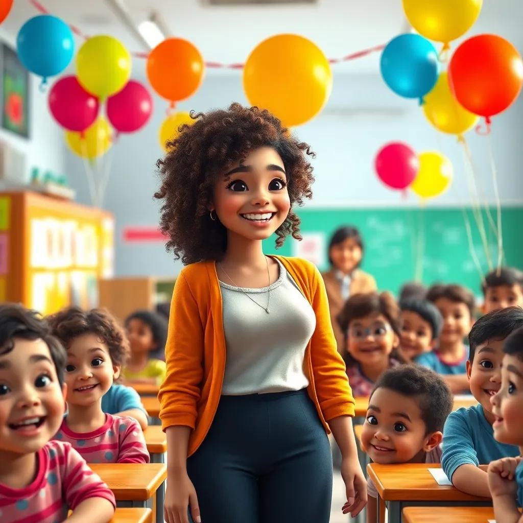Mimi, a cheerful young Arab woman with curly hair, welcoming children in a lively classroom, other teachers helping out, happy faces all around, celebration atmosphere, colorful balloons, vibrant light, high quality