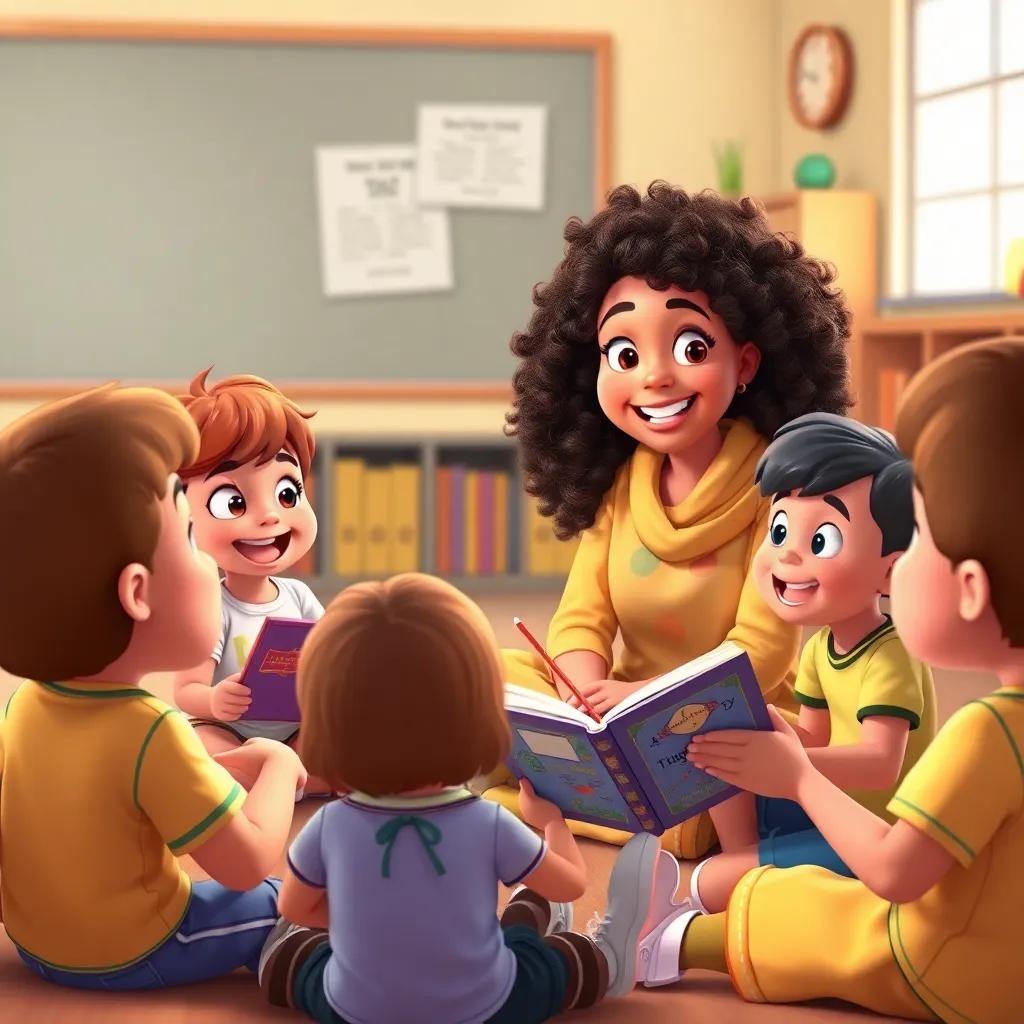 Mimi, a cheerful young Arab woman with curly hair, interacting with excited children sitting in a circle, asking questions about their favorite stories, engaging expressions, vibrant classroom setting, warm colors, high quality