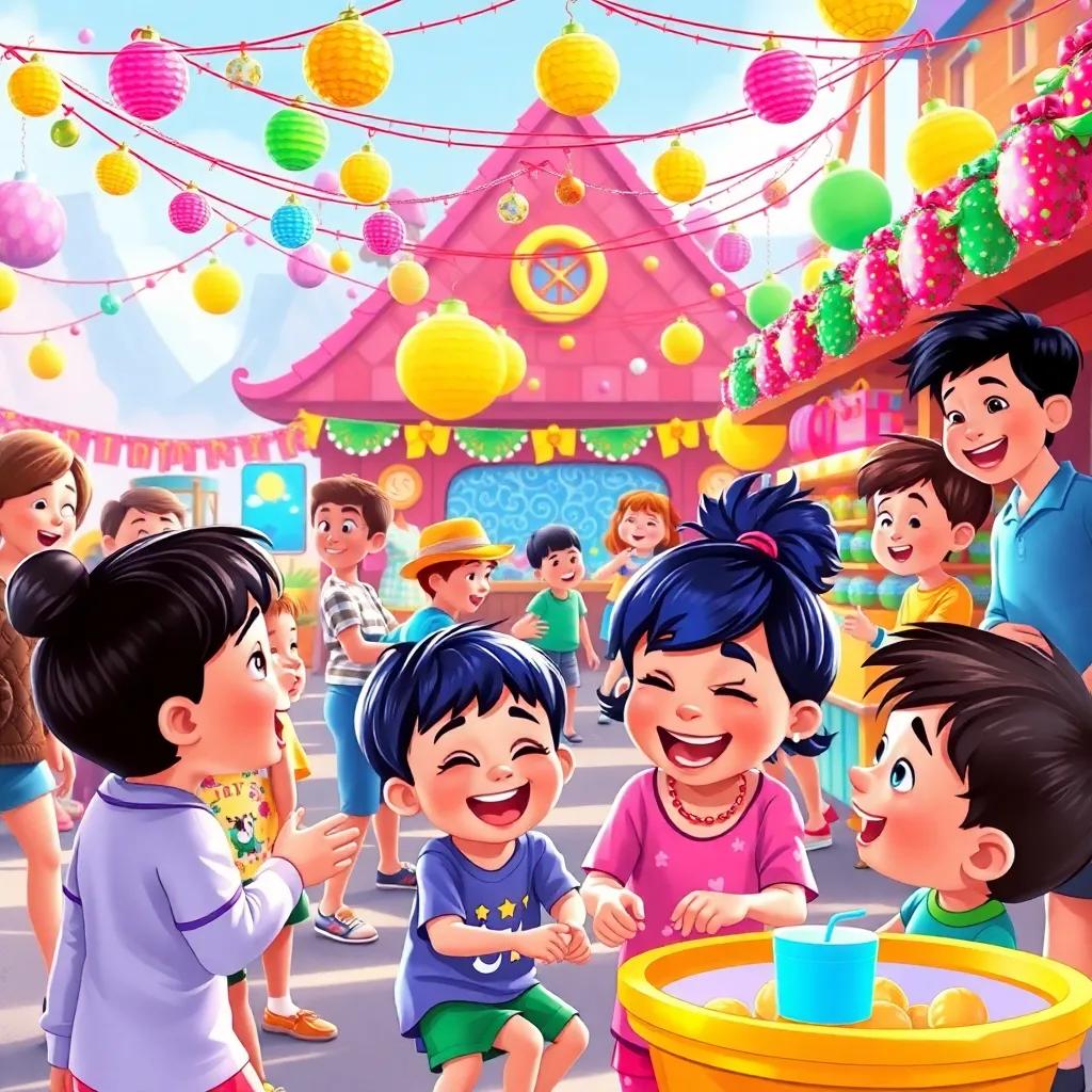 A vibrant scene of children laughing and participating in various activities at Habour, colorful decorations, joyful interactions, bright colors, festive atmosphere, high quality