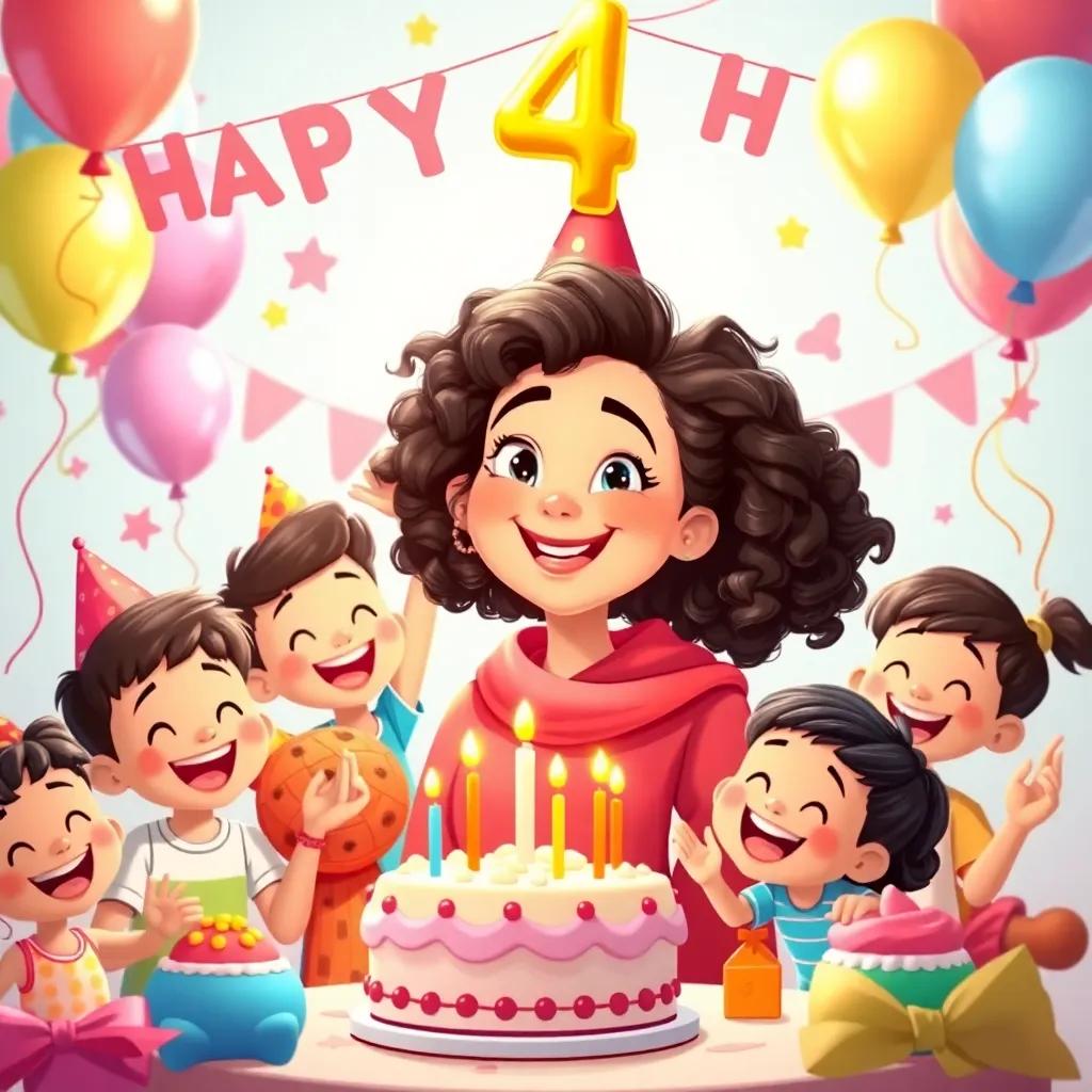 Mimi, a cheerful young Arab woman with curly hair, celebrating the fourth anniversary of Habour, surrounded by balloons and joyful children, cake and party decorations, cheerful environment, vibrant colors, high quality