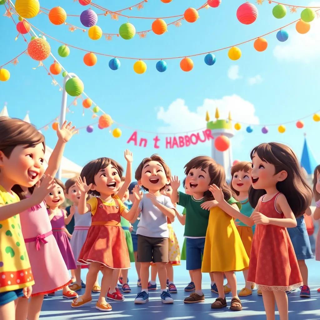 Children dancing and singing together at Habour's anniversary celebration, colorful decorations all around, joyful expressions, community spirit, bright colors, high quality