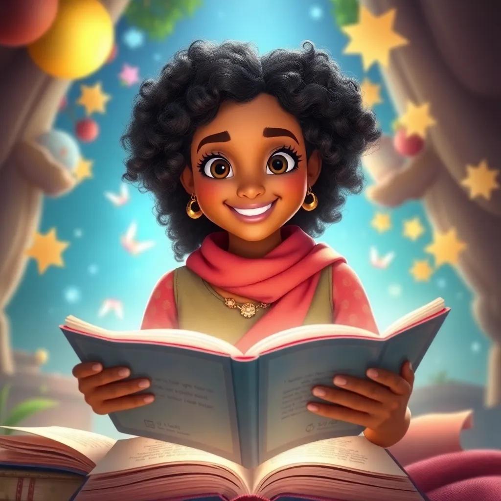 Mimi, a cheerful young Arab woman with curly hair, guiding kids through a new story adventure, open books floating around them, magical atmosphere, vibrant storytelling elements, dreamy light, high quality