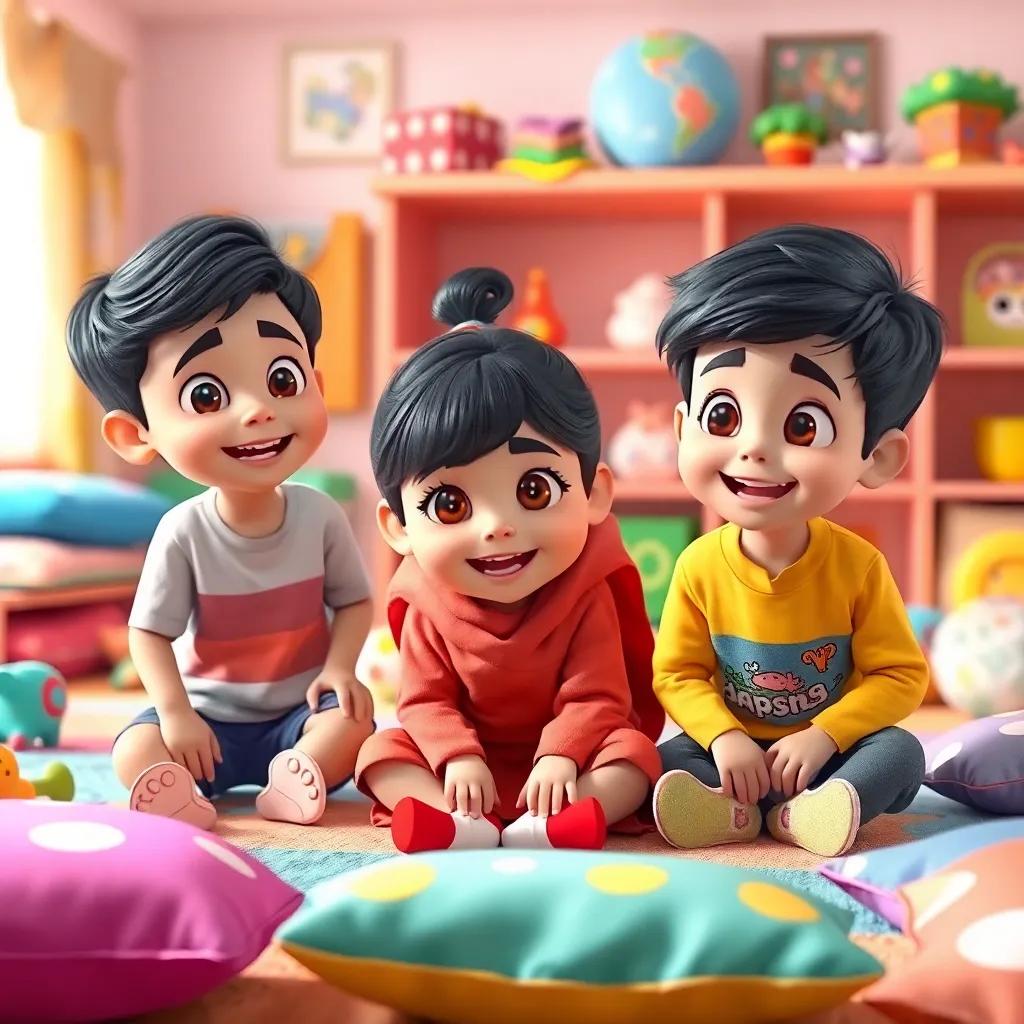 A group of three children, Ahmad, Lina, and Ali, playing in a colorful playroom filled with toys and cushions, cheerful atmosphere, digital art, bright colors, inviting expression, high quality