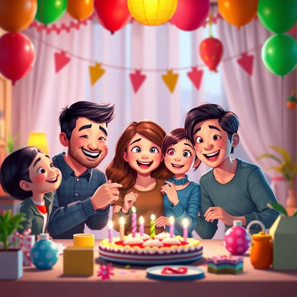 A happy family preparing for a celebration, colorful decorations, balloons, warm atmosphere, digital art, engaging and festive scene, cheerful expressions.