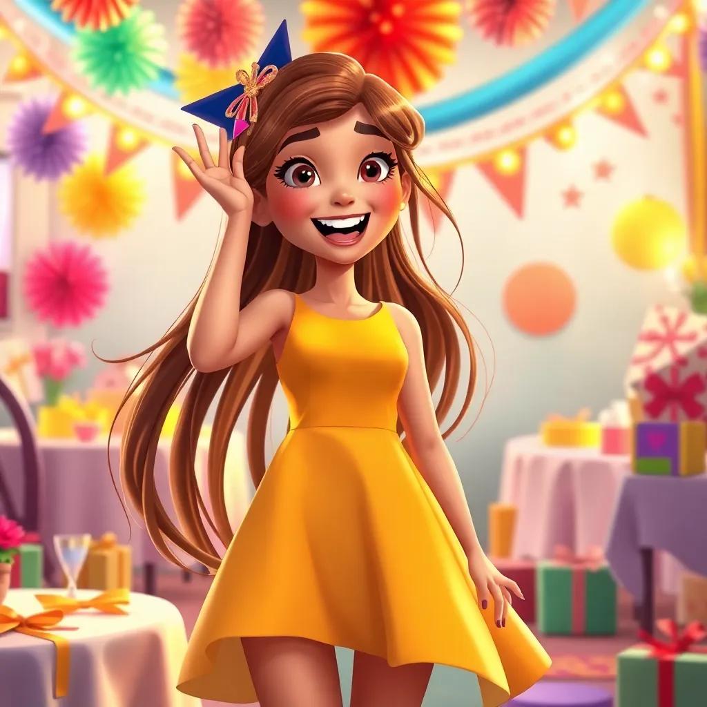 Leila, a cheerful girl with long flowing hair, wearing a bright dress, excitedly getting ready for her success party, surrounded by colorful decorations, vibrant colors, inviting scene.