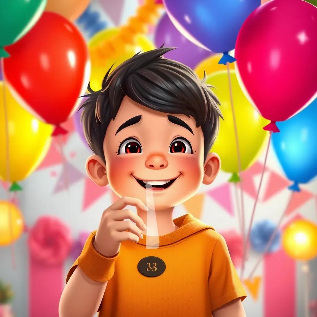 A young boy blowing up colorful balloons, a joyful expression on his face, fun decorations in the background, illustration, playful and lively atmosphere, high-quality.