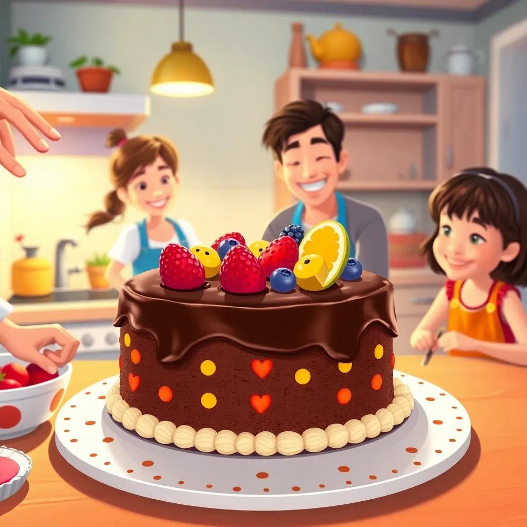 A delicious chocolate cake decorated with fruits, being prepared in a cheerful kitchen, family members helping, warm light, inviting scene, cozy and bright colors.
