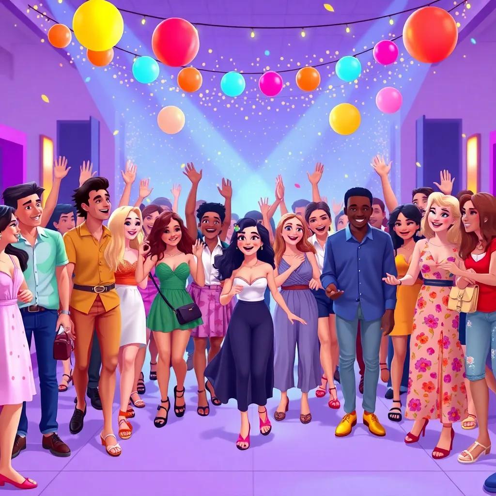 A lively gathering of friends arriving at the celebration, all in beautiful clothes, excitement in the air, cheerful party atmosphere, celebration scene, bright colors.