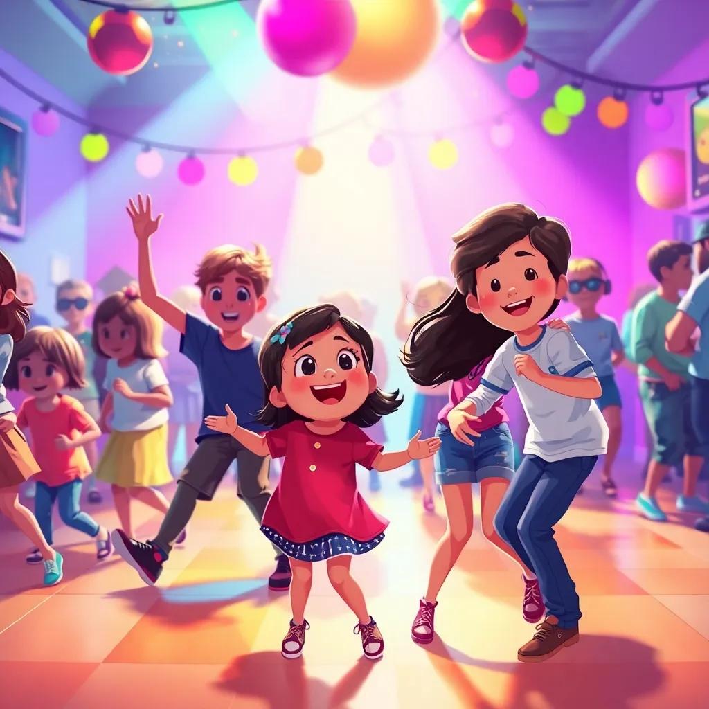 A fun dance party scene with kids dancing, lively music in the background, Leila happily participating, colorful lights, joyful and vibrant mood, illustration.