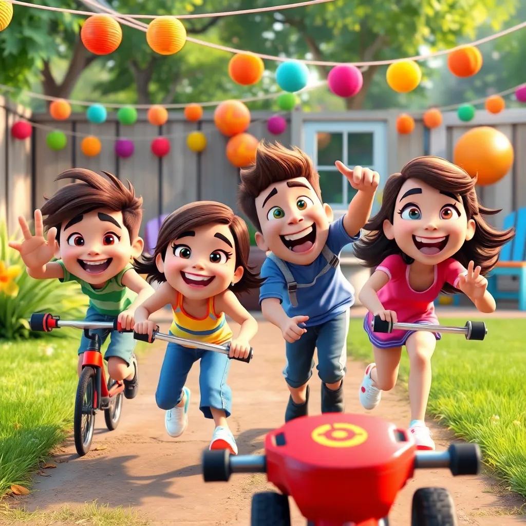 Friends competing in a fun race, cheerful expressions, playful atmosphere, backyard setting, colorful decorations, energetic scene.