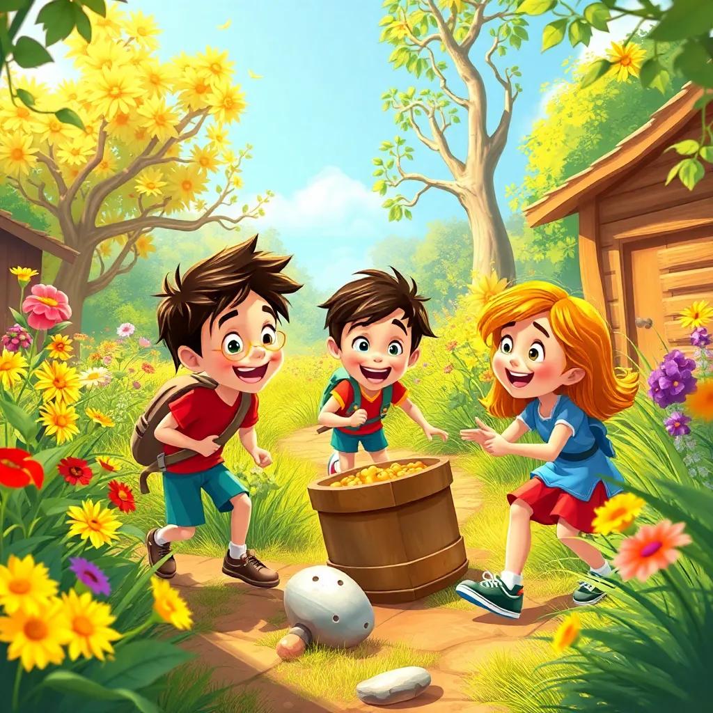 A treasure hunt game with kids searching around, laughter and excitement in the air, colorful garden, playful and adventurous scene, digital painting.