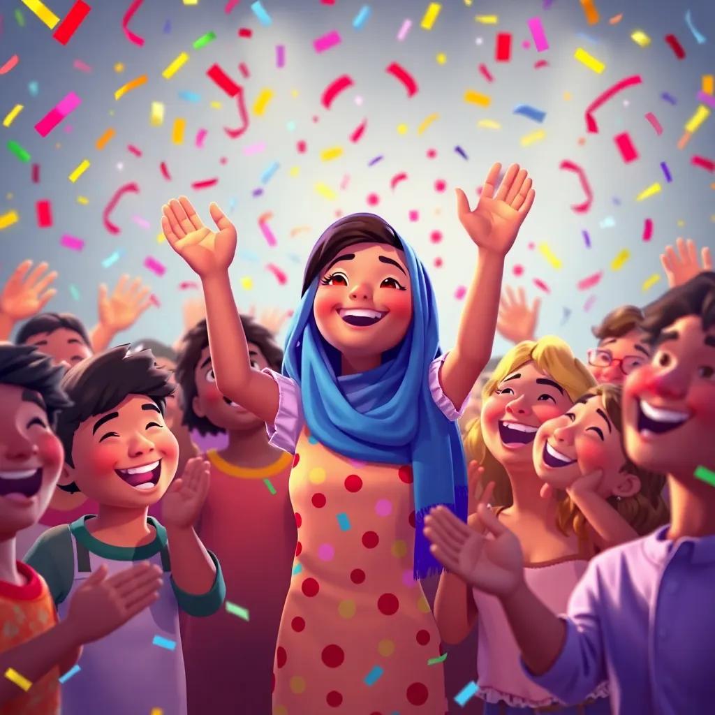 Everyone cheering for Leila, warm smiles, party atmosphere, colorful confetti, vivid colors, happy scene of celebration.