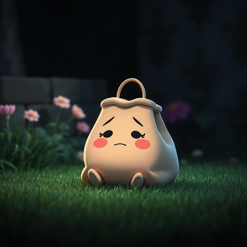 A cute bag personified as a friendly character, sitting on the grass in a dark garden, looking sad and lonely, surrounded by shadows, digital art, soft colors, magical atmosphere, child-friendly, close-up view, high quality