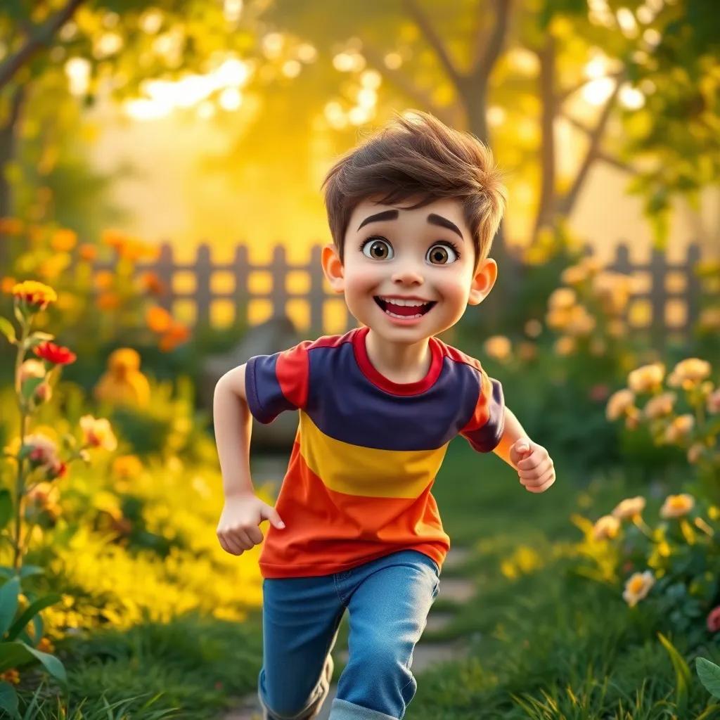 A young boy named Adam, smiling warmly, running towards the bag in a garden during dawn, wearing a colorful t-shirt and jeans, looking excited and happy, bright morning light, vibrant colors, joyful scene, high quality