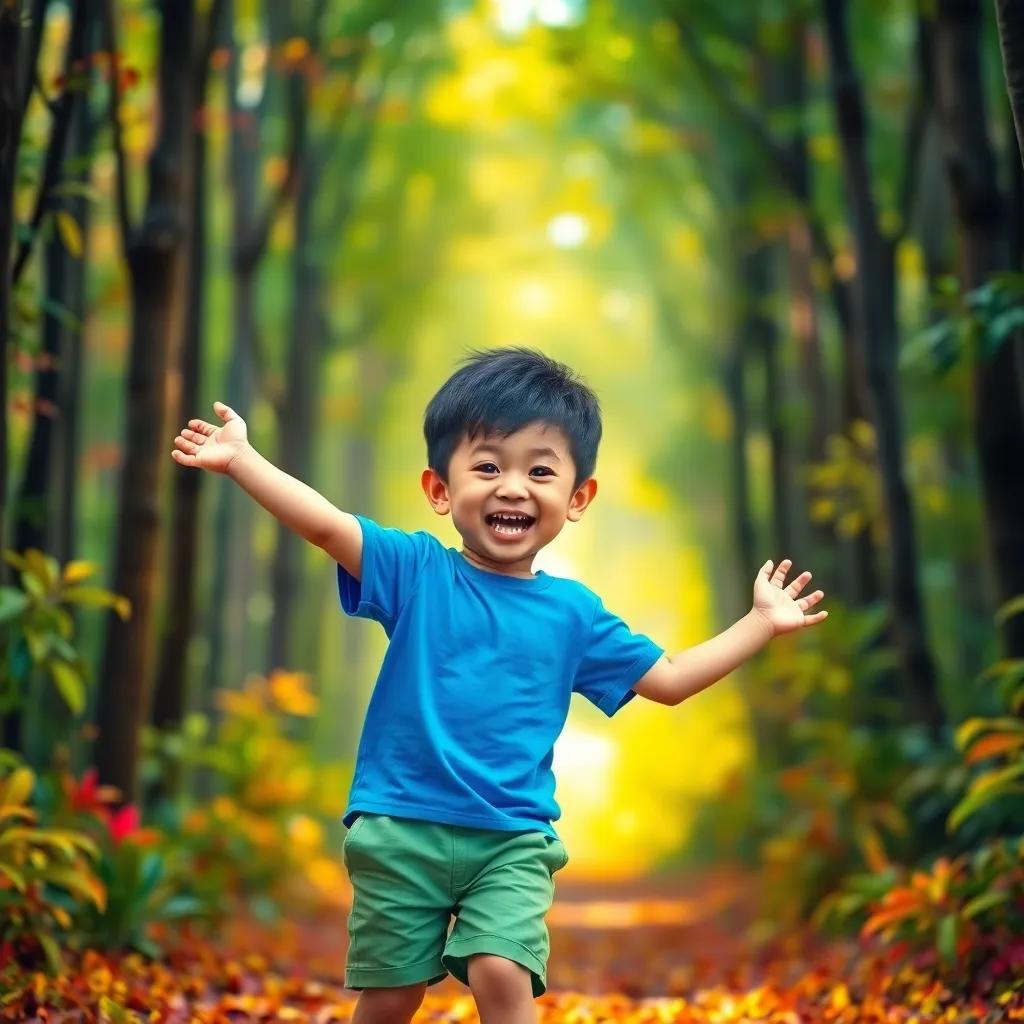 A young boy, حقيقي, with short black hair, wearing a bright blue t-shirt and green shorts, standing excitedly in a colorful forest, digital art, vibrant colors, cheerful atmosphere, high quality