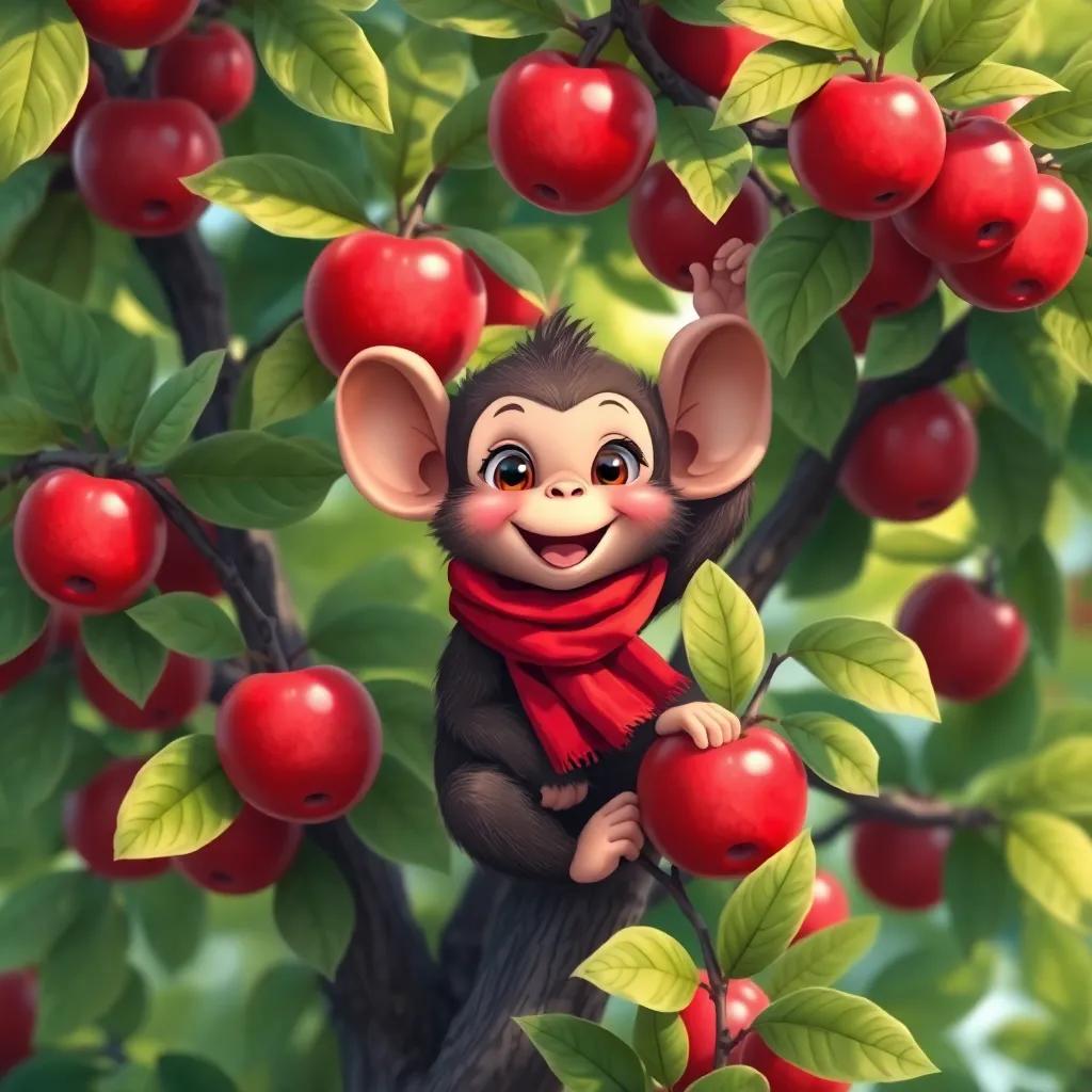A small monkey, جوجو, with big ears, wearing a little red scarf, climbing a big apple tree with bright red apples, surrounded by lush green leaves, illustration, playful, adventure-themed, child-friendly