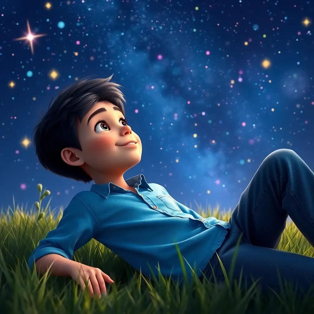 A young boy named Ali with short black hair, wearing a blue shirt and jeans, lying on the grass and gazing up at the starry night sky, digital art, dreamy atmosphere, colorful stars, warm lighting, high quality