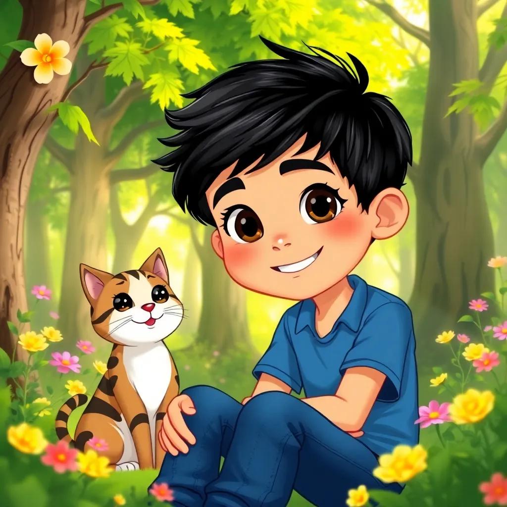 A young boy named Ali with short black hair, wearing a blue shirt and jeans, sitting in a magical forest with a talking cat, lush green trees and colorful flowers, illustration, cheerful, fantasy, vibrant colors