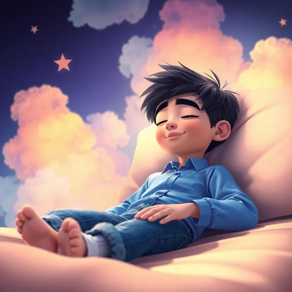 A young boy named Ali with short black hair, wearing a blue shirt and jeans, lying on his bed with his eyes closed, surrounded by colorful dream clouds, dreamlike setting, soft lighting, warm and inviting, high quality