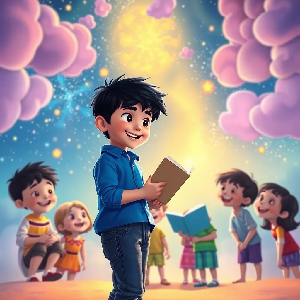 A young boy named Ali with short black hair, wearing a blue shirt and jeans, discovering a group of children in their dreams, telling stories and sharing laughter, vibrant colors, joyful atmosphere, illustration, engaging scene