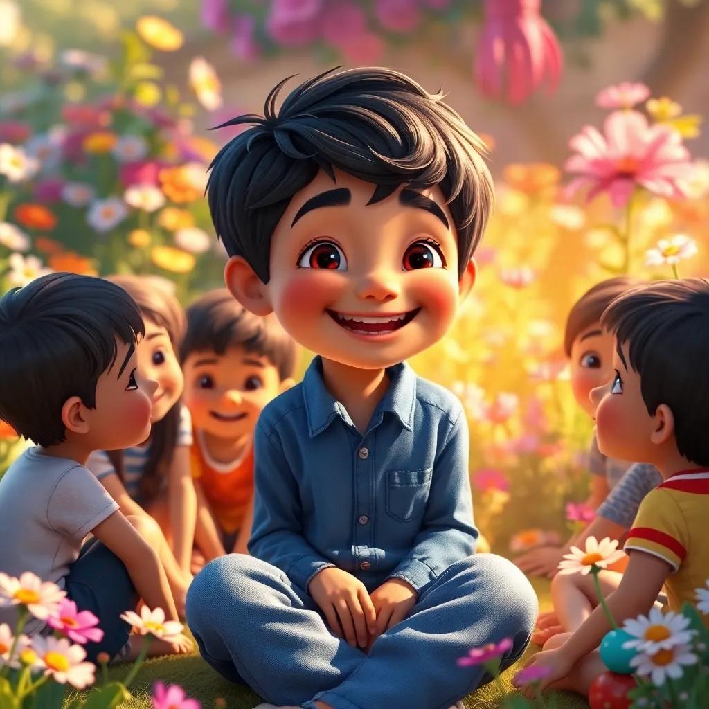 A young boy named Ali with short black hair, wearing a blue shirt and jeans, happily sharing dreams with a group of children sitting around him, in a colorful garden filled with flowers, warm sunlight, friendly and engaging, high quality