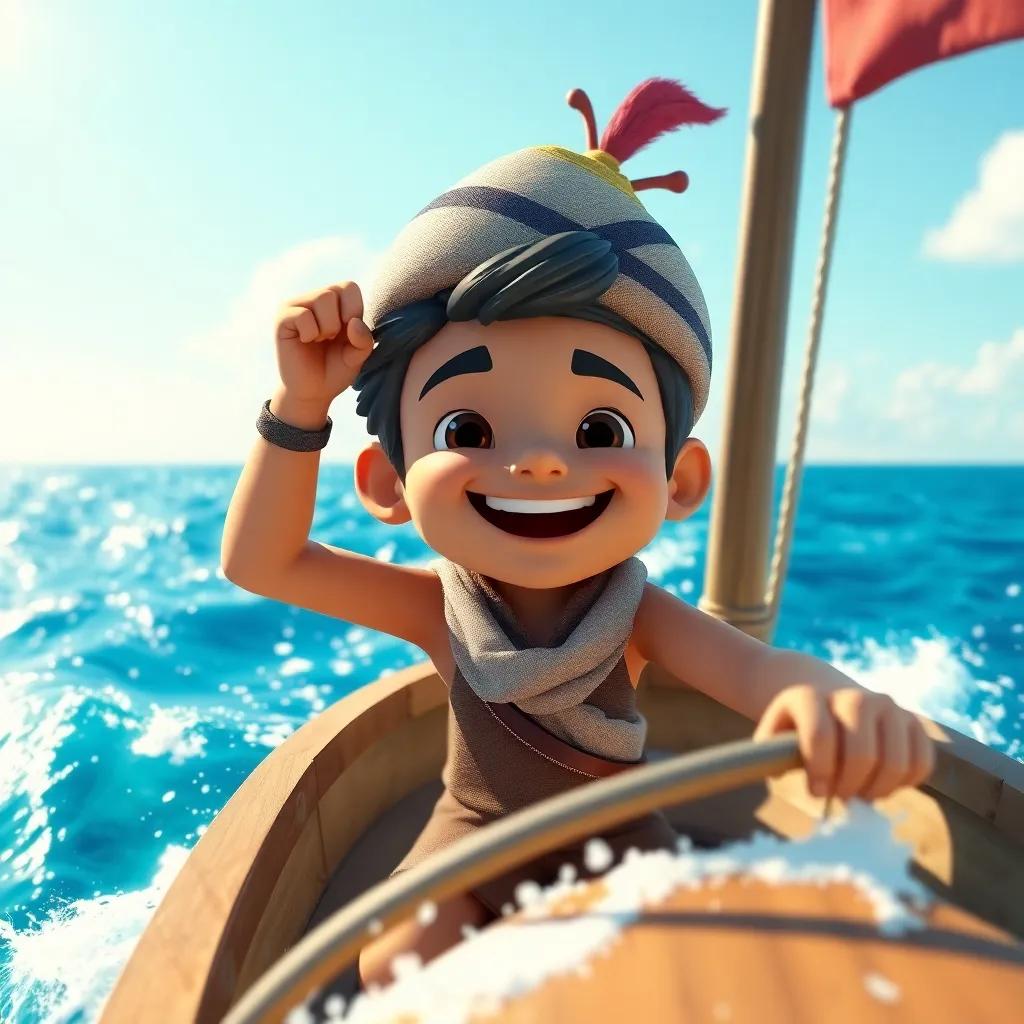 A brave sailor named Ali, with a joyful expression, on a small boat, surrounded by bright blue ocean waves and a clear sky, digital art, vibrant colors, adventurous atmosphere, high quality