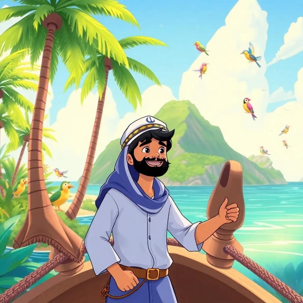 Ali the sailor arriving at a beautiful island, with tall green trees and colorful birds singing in the background, illustration, cheerful, tropical scenery, child-friendly