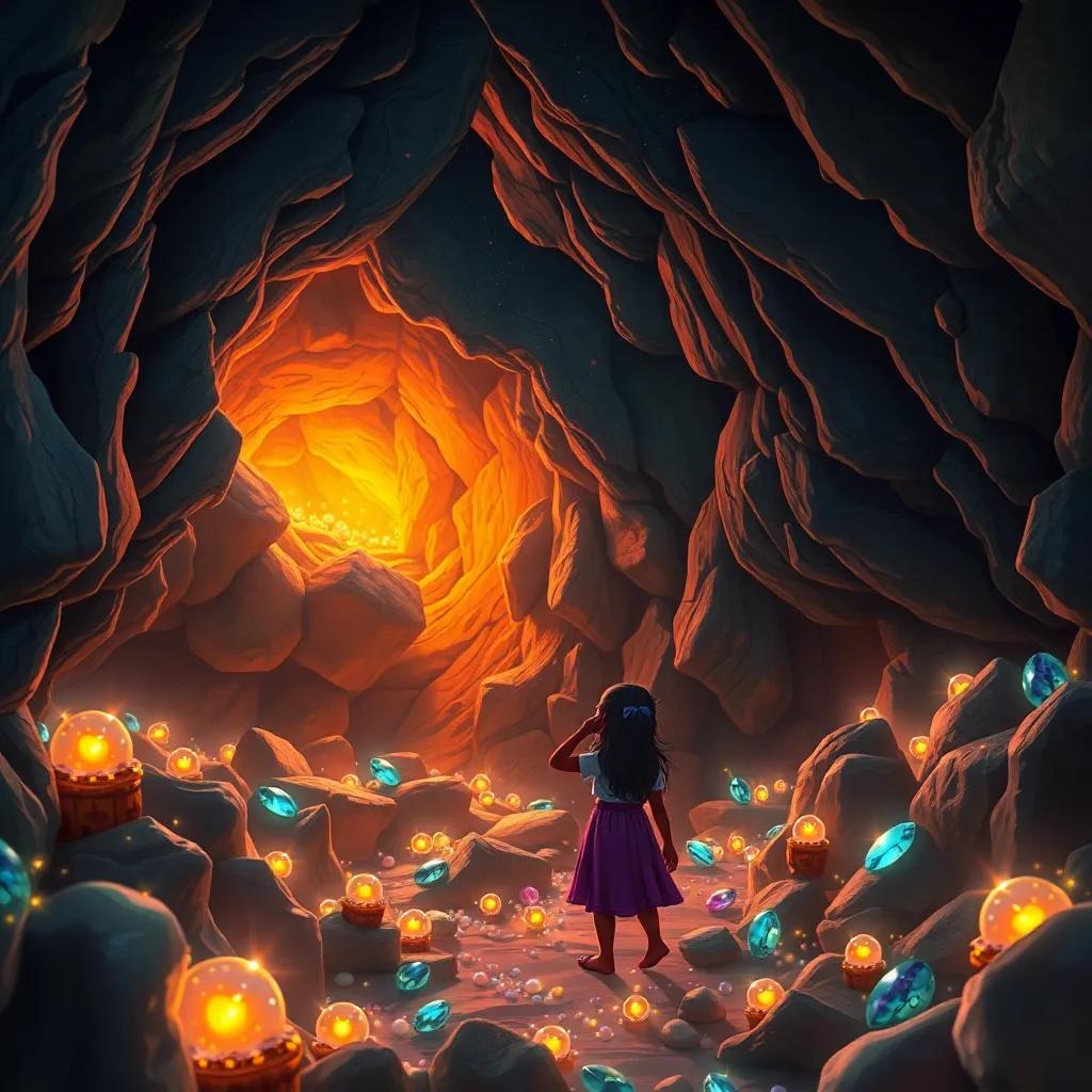 Inside a large cave, Ali discovering shining treasures like pearls and jewels, illuminated by magical lights, digital painting, colorful, enchanting atmosphere, inviting