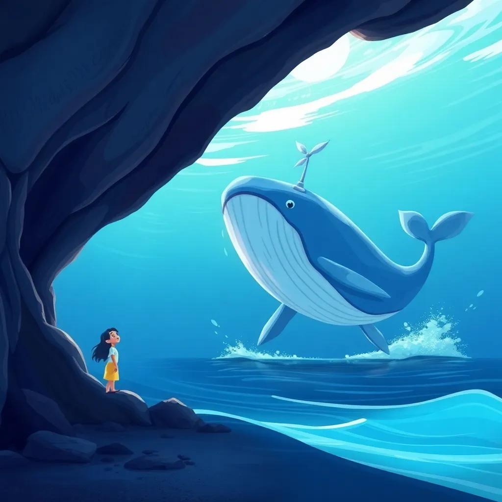 Ali standing near the cave entrance, a giant singing whale swimming near the shore, creating a beautiful melody, whimsical style, bright colors, ocean vibe, friendly