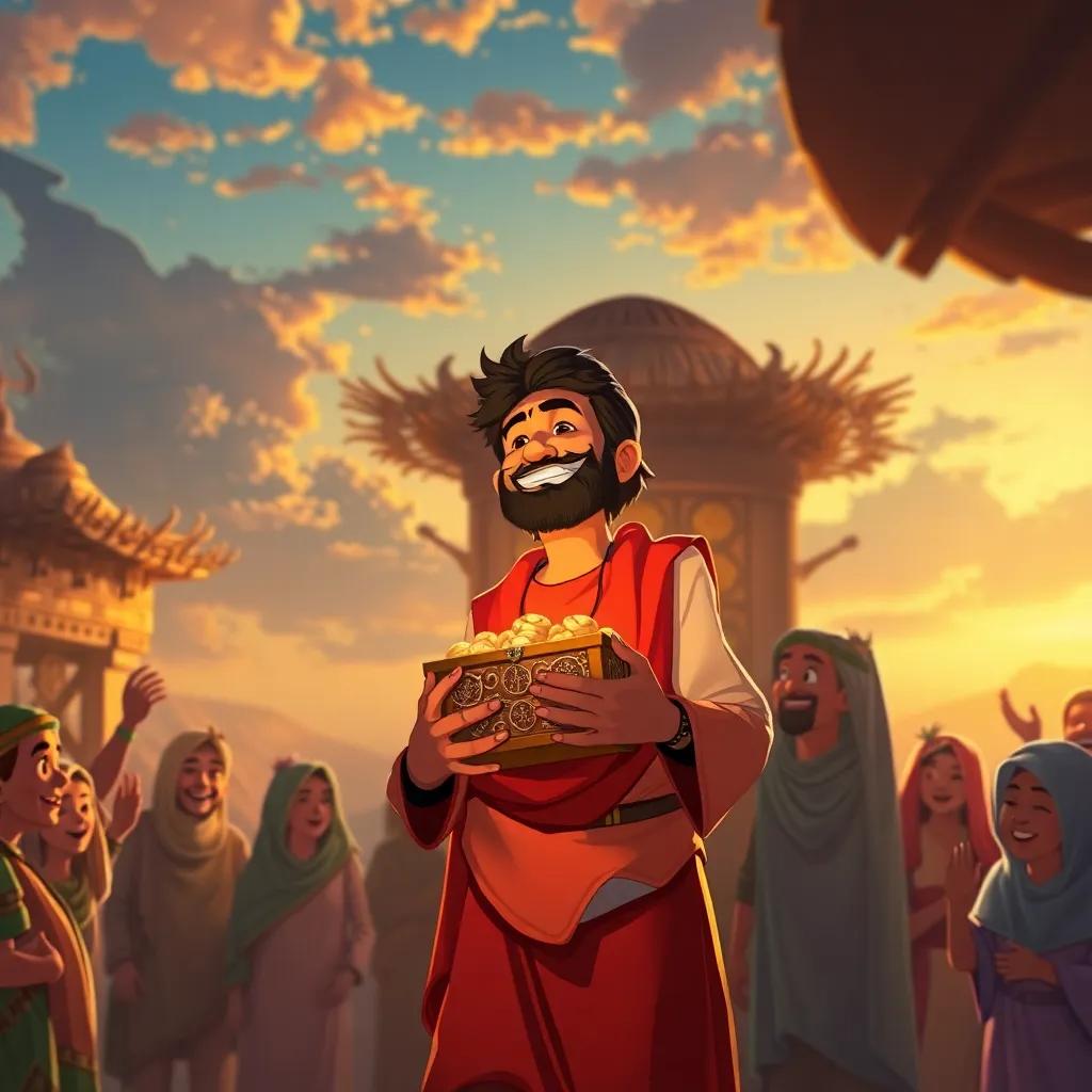 Ali returning home to his village, holding the treasures, surrounded by happy friends and family, warm sunset light, joyous celebration, uplifting scene, high detail