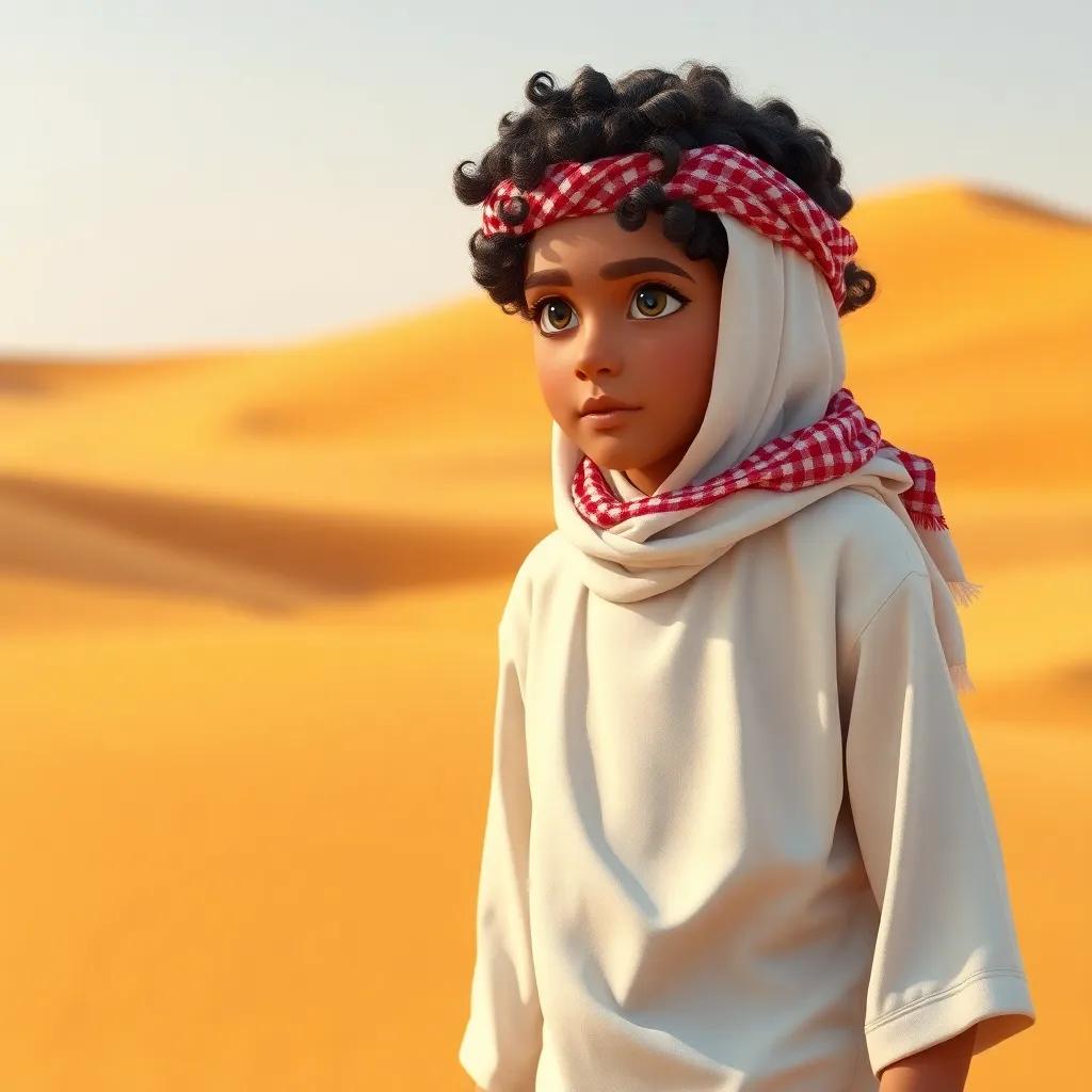 A young Bedouin boy, Faisal, with curly black hair, wearing traditional white thawb and a red-checkered keffiyeh, walking in the golden desert with sand dunes in the background, digital art, warm colors, adventurous atmosphere, high quality